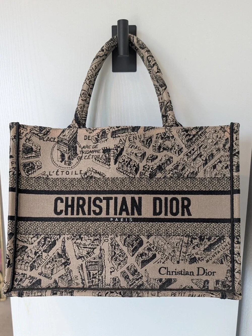Dior Medium Book Tote In Plan De Paris Embroidered Black And Beige Canvas